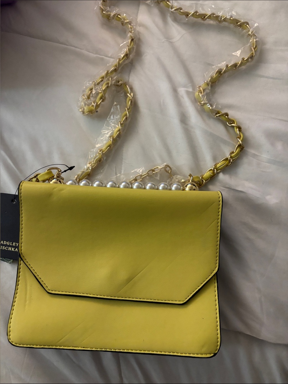 Badgley Mischka Lemon Yellow Pearl-Trim Crossbody Bag
